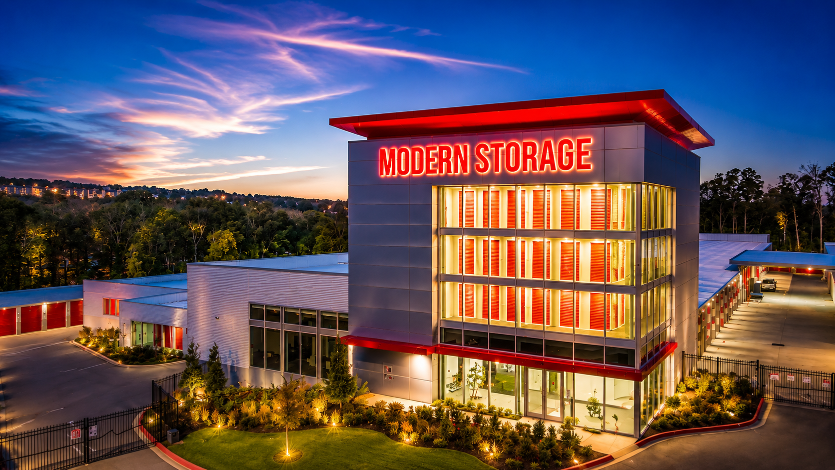 Modern Storage® West Little Rock storage facility exterior at night with illuminated signage, glass entry, and red architectural accents